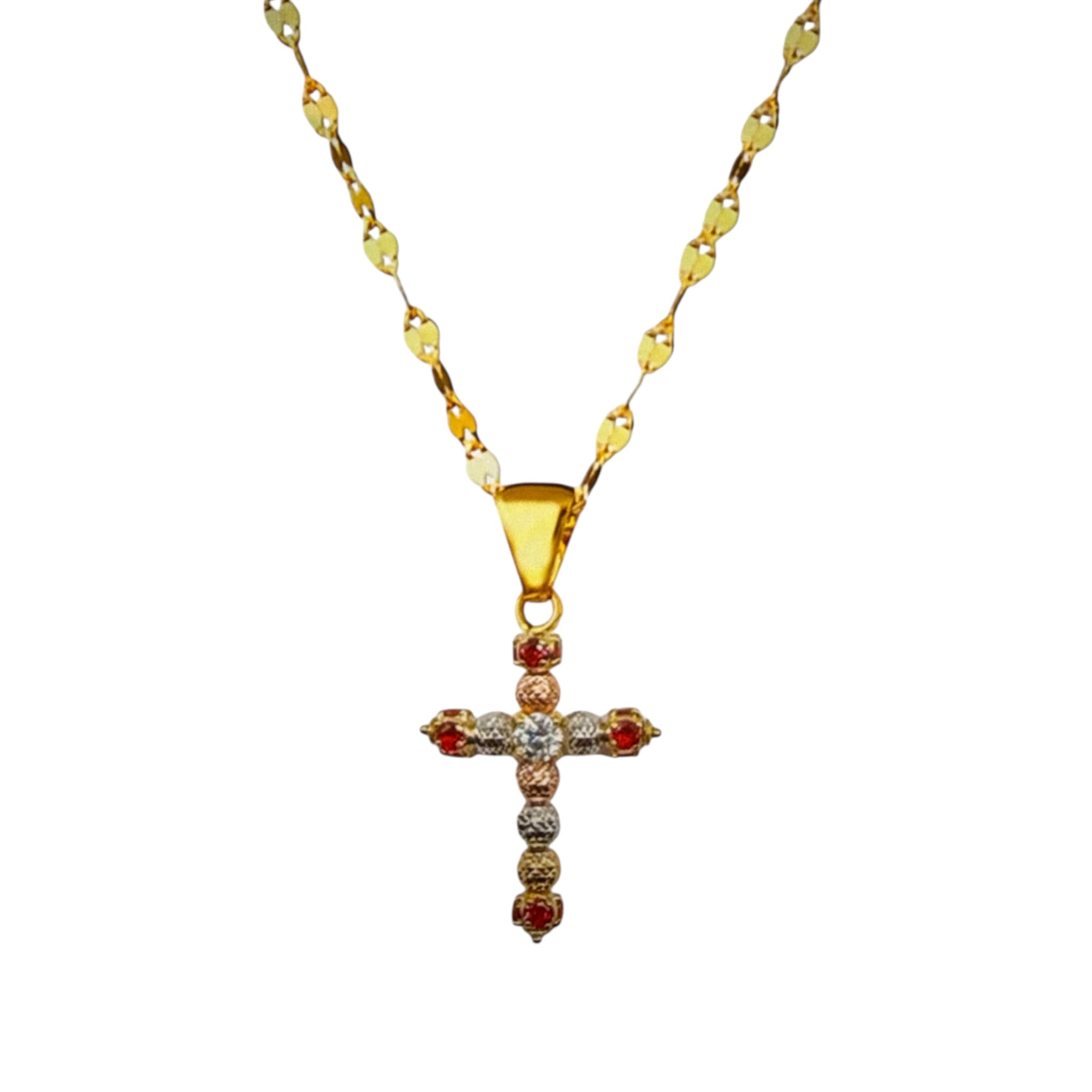 Collana con croce milleluci e zirconi colorati in oro 18kt