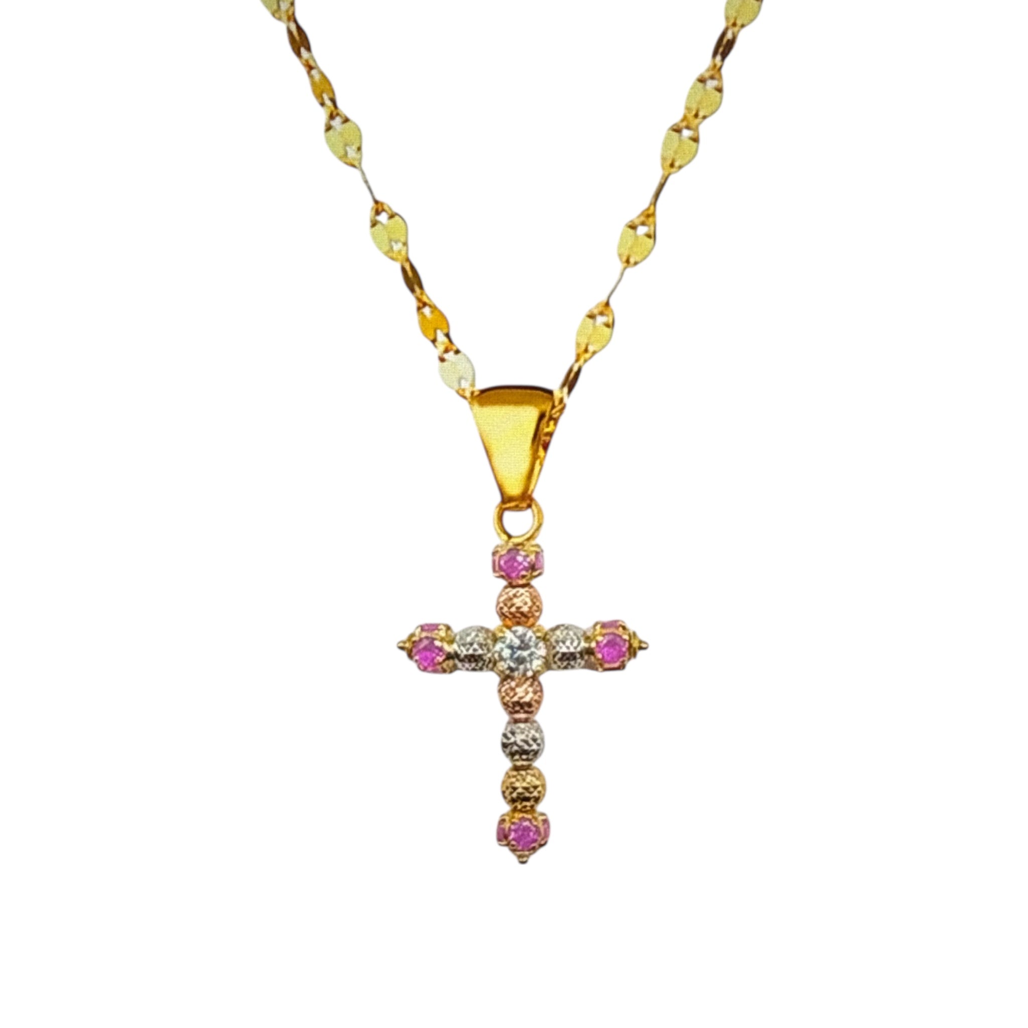 Collana con croce milleluci e zirconi colorati in oro 18kt