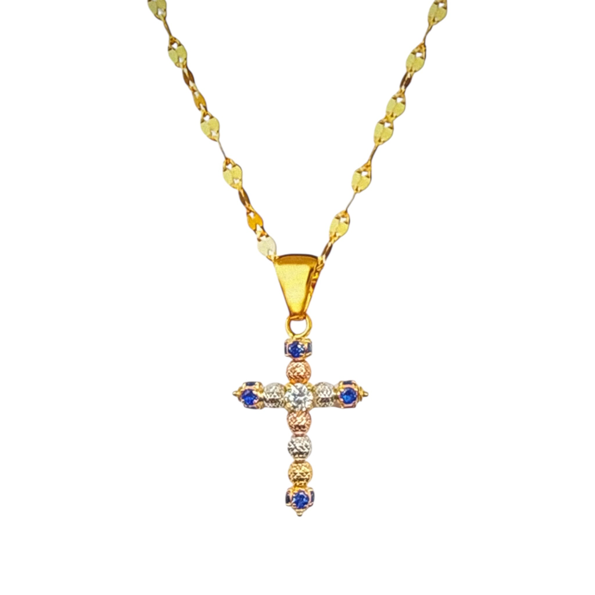 Collana con croce milleluci e zirconi colorati in oro 18kt